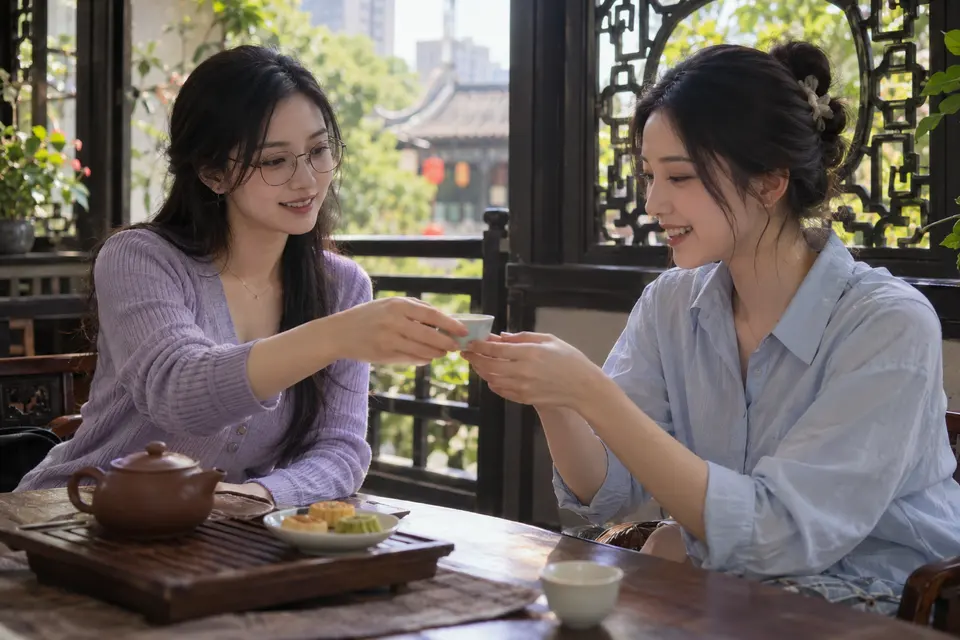 花窗前两人对坐品茶，桌上摆放茶杯与茶点