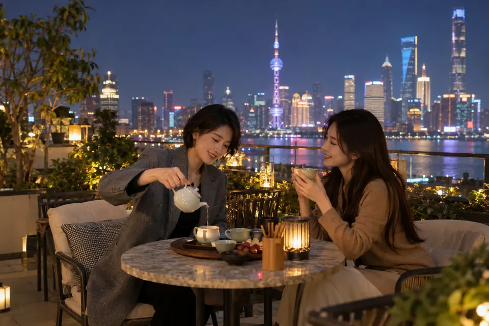 屋顶露台夜茶场景，灯光下倒茶交流
