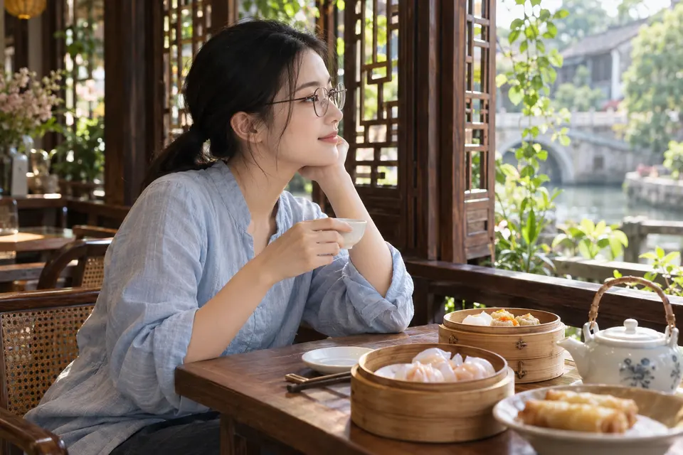 白瓷茶具与广式点心同席，呈现早茶场景