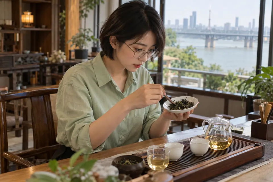 玻璃壶中茶叶舒展，旁边放着茶匙用于观察叶形